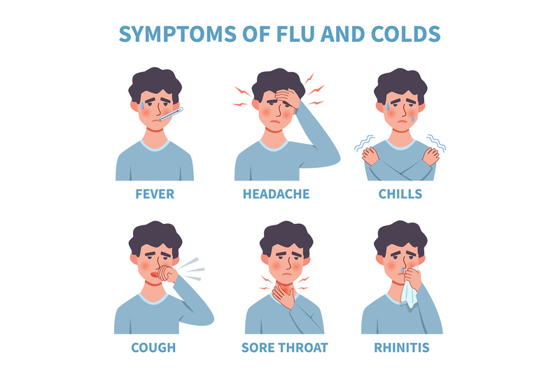 Flu symptoms. Common cold and flu symptoms infographics. Fever, cough ...