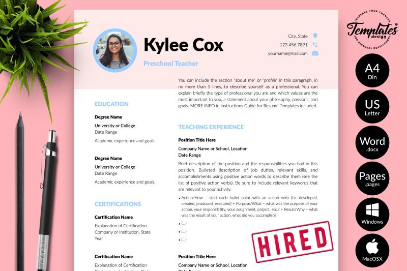 Teacher Resume CV Template for Microsoft Word & Apple Pages Kylie Cox ...