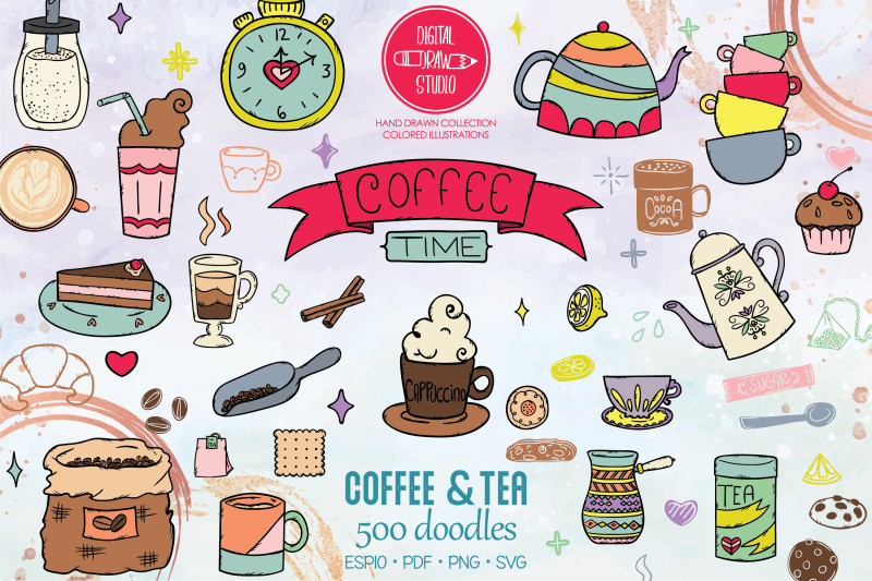 Coffee & Tea | Colored Hand Drawn Cookies, Espresso Machine, Cups By ...