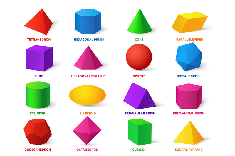 Color basic shapes. Realistic 3d geometric forms cube and ellipsoid, c ...