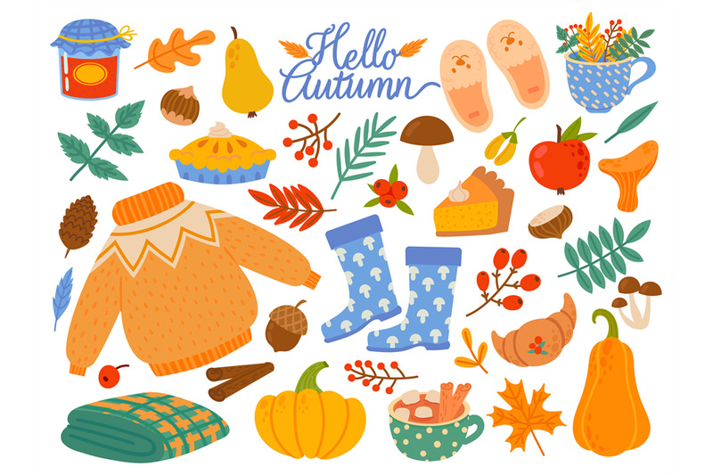 Autumn elements. Falling leaves, yellow plants and food, harvest festi ...