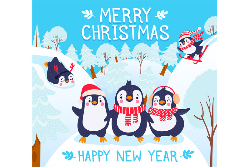 Christmas with penguins. Holidays greetings with cute happy penguins i ...