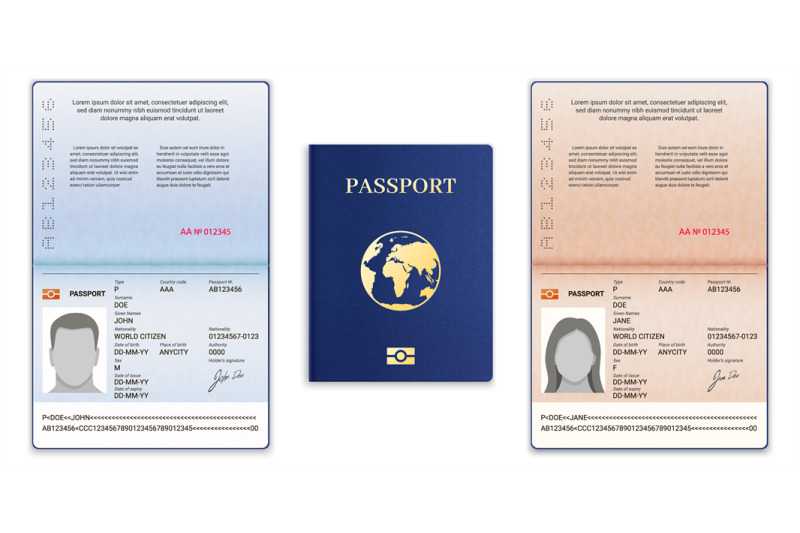 Passport template. International open passport with sample personal da