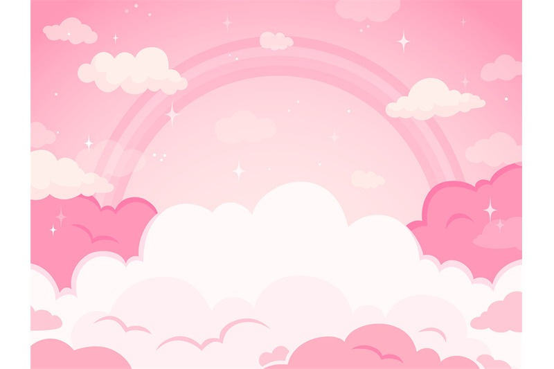 Pink fairytale sky background with stars and rainbow. White and pastel By  Tartila