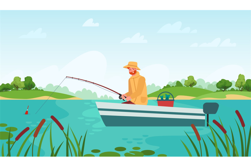 Fisherman fishing. Man in boat with fishing rod waiting nibble fish, r By  Tartila