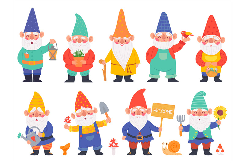 Gnome characters. Cute gnomes with beard funny garden decoration, ador ...