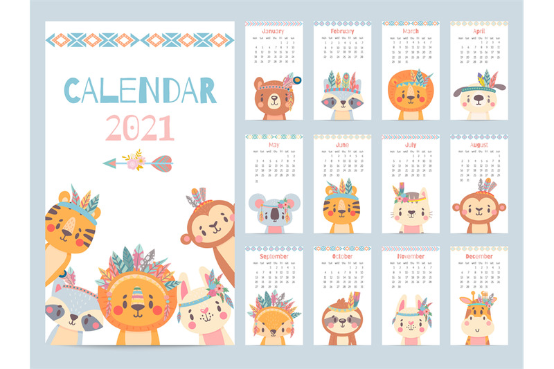 Tribal animal calendar. Monthly 2021 calendar with cute forest animals ...