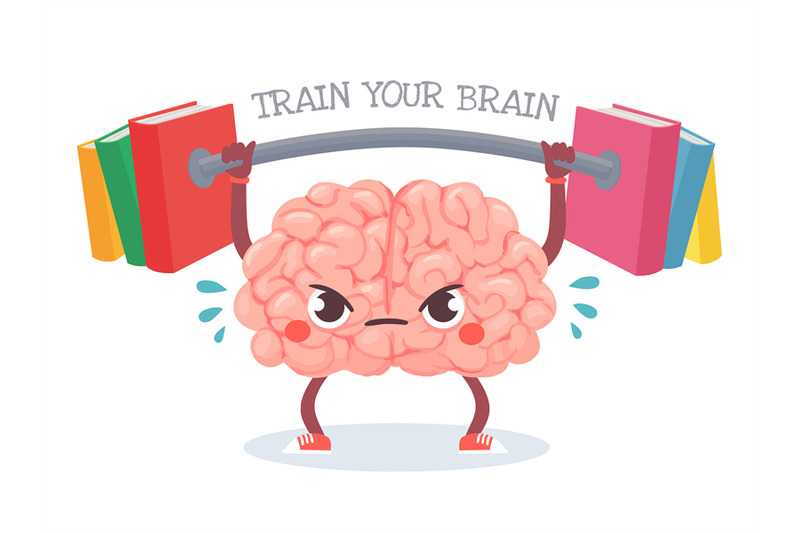 Brain training. Cartoon brain lifts weight with books. Train your memo