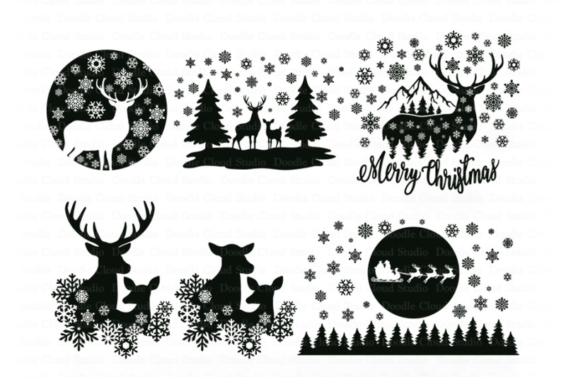 Winter Scene with Deer Bundle SVG, Christmas Deer SVG, Merry Christmas By Doodle Cloud Studio