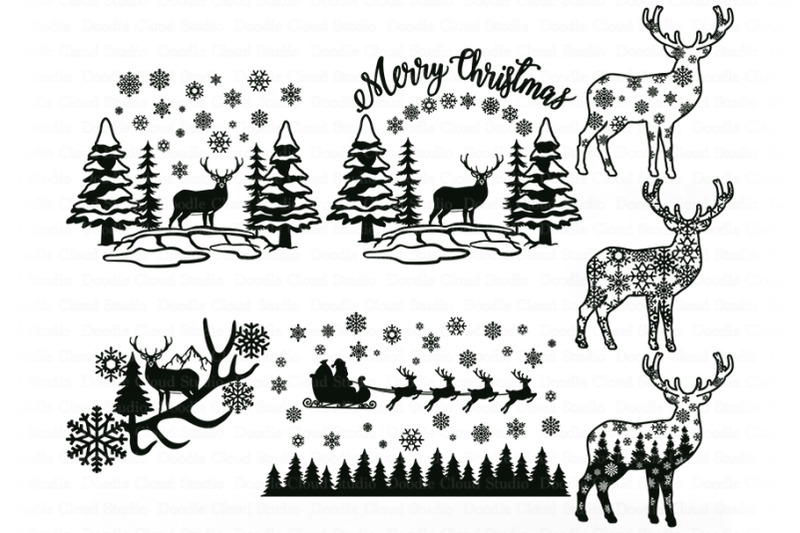 Deer Svg Christmas Scene With Deer Bundle Svg Winter Scene With Deer By Doodle Cloud Studio Thehungryjpeg Com