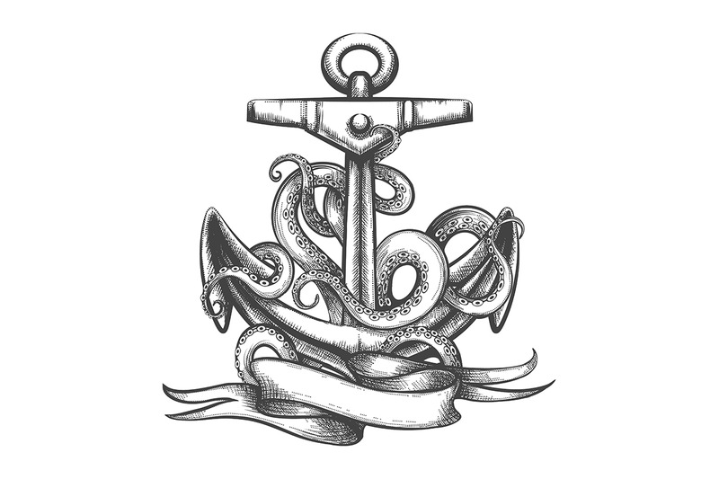 Anchor With Octopus Tentacles And Ribbon Tattoo By Olena1983 Thehungryjpeg Com