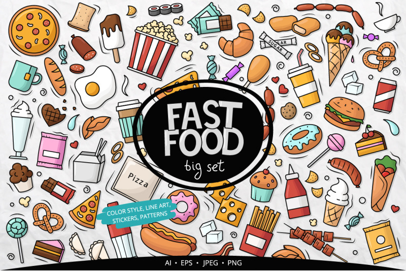 Fast Food Elements Vector Big Set, Stickers, Patterns By Yuliya Lins ...