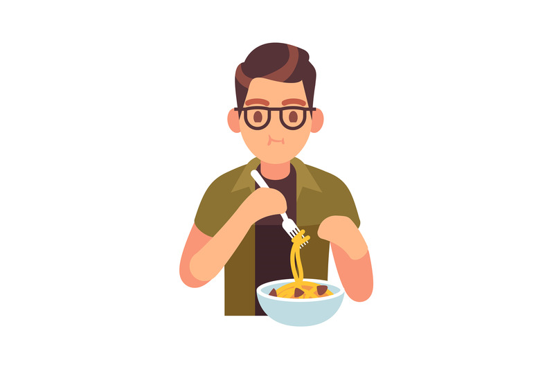 Man eating meal. Hungry male character with tasty noodles, lunch or di By  YummyBuum | TheHungryJPEG