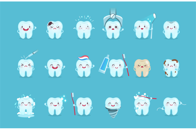 Cartoon teeth. Cute tooth characters with emotions and hygiene tools, By  YummyBuum | TheHungryJPEG