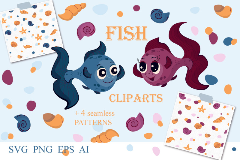 Fish cliparts and marine seamless patterns. Kids collection. By Elena ...