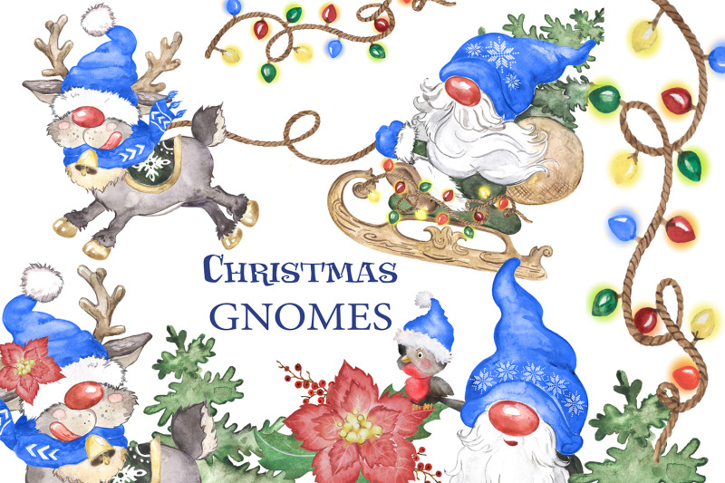 Christmas gnomes watercolor clipart, scandinavian gnomes, deer By Evgeniia Grebneva Painting