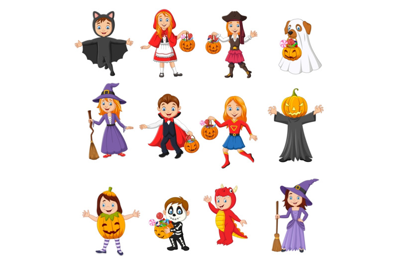 Set of twelve Cartoon Halloween Kids Character By tigatelu | TheHungryJPEG