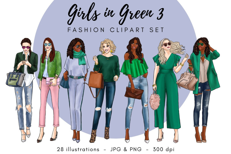 Girls in Green 3 Fashion Clipart Set - Light Skin & Dark Skin By ...