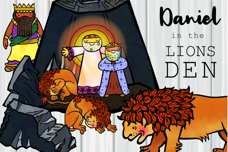 Daniel in the Lions Den Cartoon Christian Bible Clipart By Prawny |  TheHungryJPEG