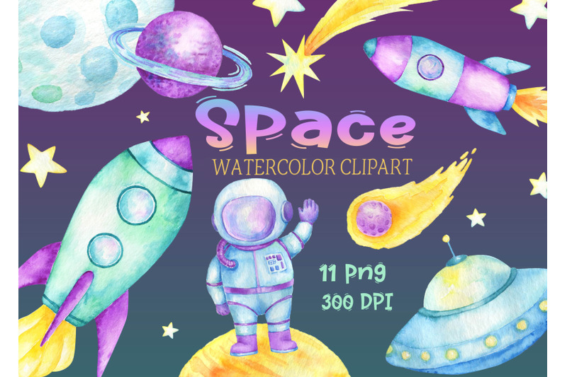 Watercolor Space Clipart planets clip art astronaut rocket Flying sa By ...