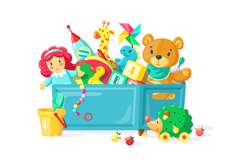 Baby toys in box. Children toys in plastic container, box full of toys ...