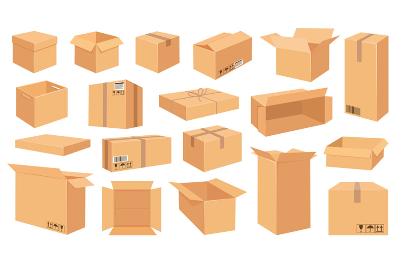 Cardboard boxes. Cartoon brown carton package. Open and closed deliver By  Tartila | TheHungryJPEG