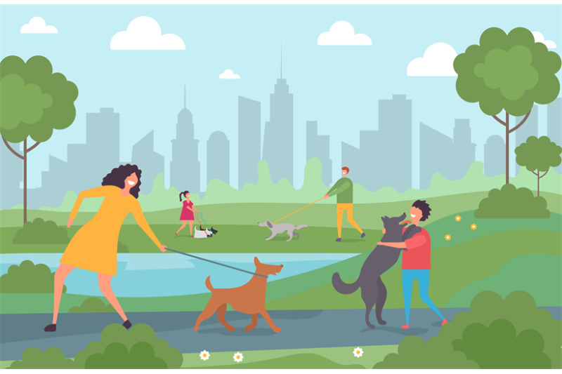 Happy people walking with dogs in the city park. Cartoon character adu By  ONYX | TheHungryJPEG