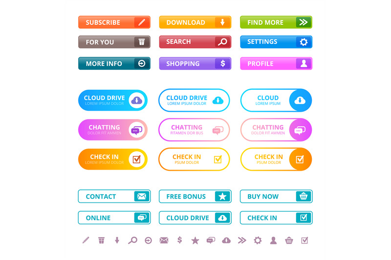 Web colored buttons. Internet ui flat elements menu colored buttons mo ...