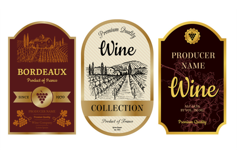 Vintage wine labels. Alcohol badges with pictures of vineyard chateau ...