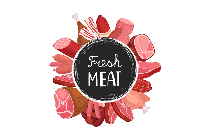 Fresh meat banner. Vector cartoon sausages, meat, chicken. Farm market ...