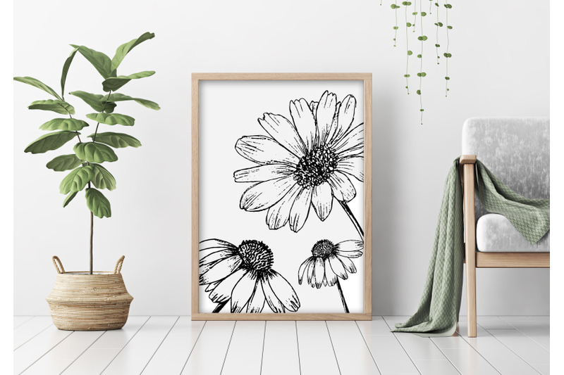 Botanical Print of big flowers, Sketched flowers, minimalist art By RED ...