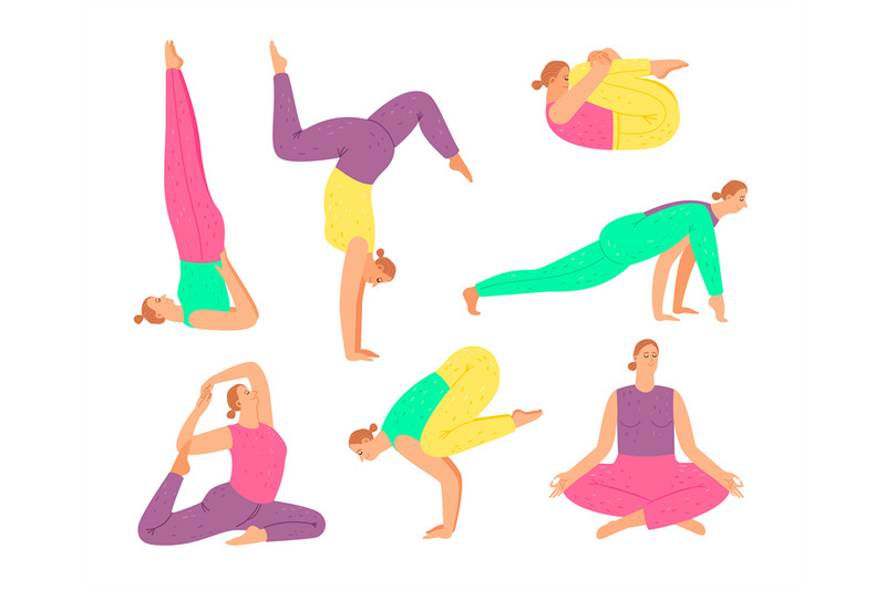 Vetor de Set of poses woman doing yoga and fitness. Collection of