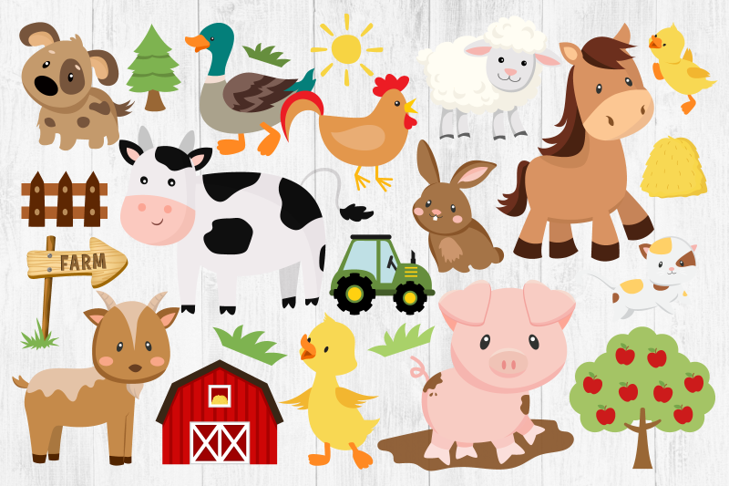 Farm Animals Clipart PNG, Farm, Horse, Pig, Cow, Goat, Rooster, Hay By ...