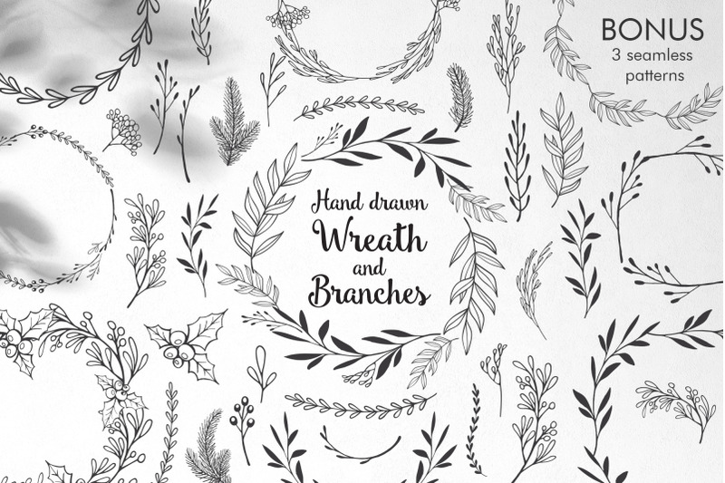 Hand drawn wreath, branches. By Ekaterina | TheHungryJPEG