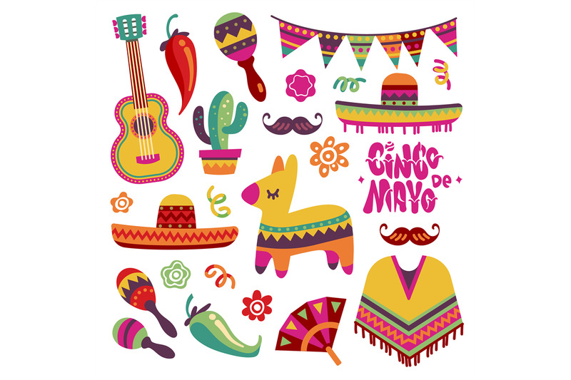 Mexican fiesta set. Cinco de mayo party elements sombrero, pinata and ...