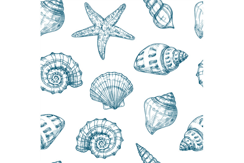 Ocean seashells seamless pattern. Cartoon sea objects, hand drawn