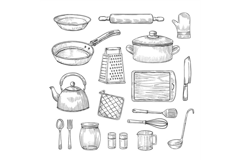 Set Of Kitchen Items Are Drawn In Black And White Outline Sketch Drawing  Vector, Kitchen Tools Drawing, Kitchen Tools Outline, Kitchen Tools Sketch  PNG and Vector with Transparent Background for Free Download