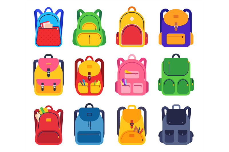 School backpack. Color schoolbags zipper and pockets with stationery s ...