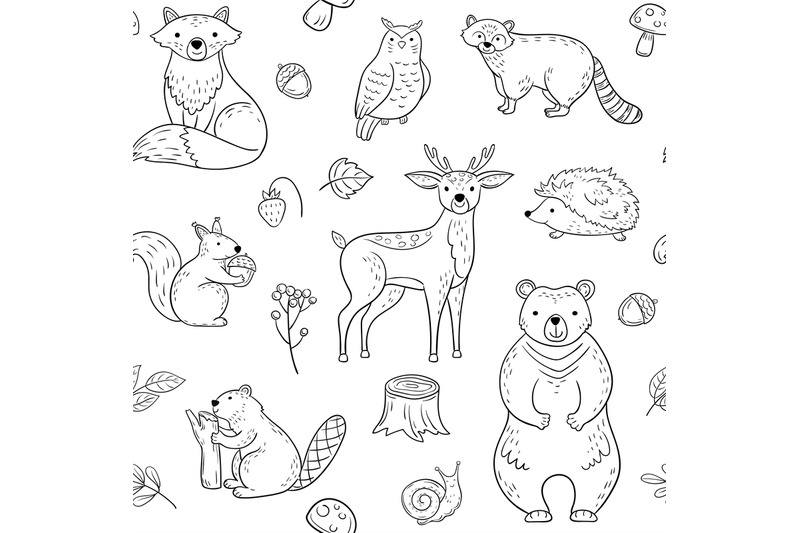 Forest animals seamless pattern. Fox Owl Raccoon Beaver Bear Hedgehog ...