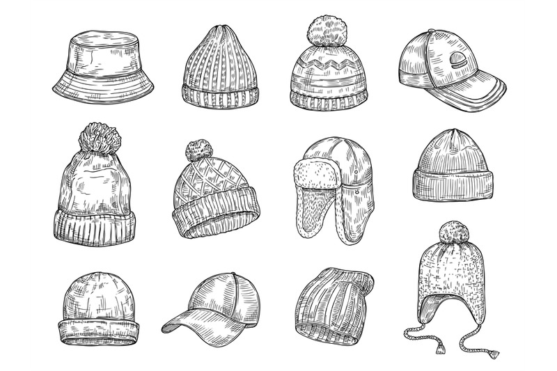 Doodle caps. Knitted winter hats, hand drawn warm cap vector isolated ...