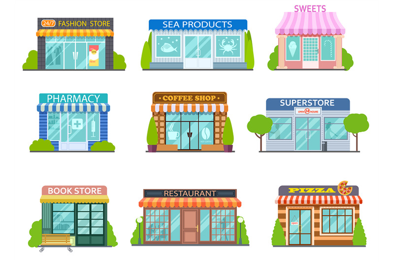 Cartoon shops. Barber shop, bookstore and pharmacy. Bakery, cafe and r By  Microvector | TheHungryJPEG