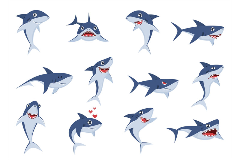 Cartoon cute sharks. Underwater characters with different emotions, ha By  YummyBuum | TheHungryJPEG