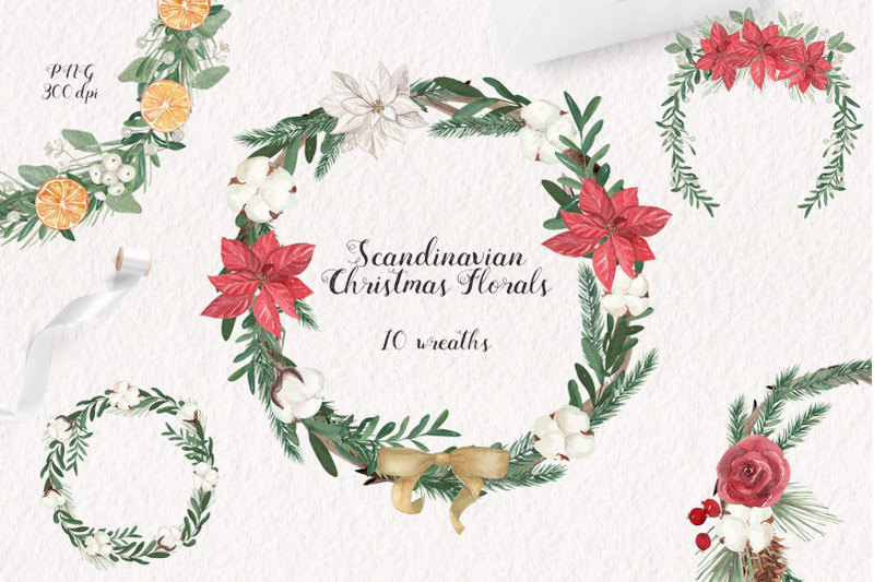 Scandinavian Christmas Wreaths Watercolor Set. 10 PNG files By Catch