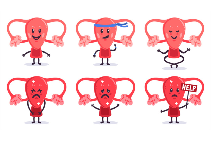Cute uterus characters. Healthy and sick women uterus organ mascots. F ...