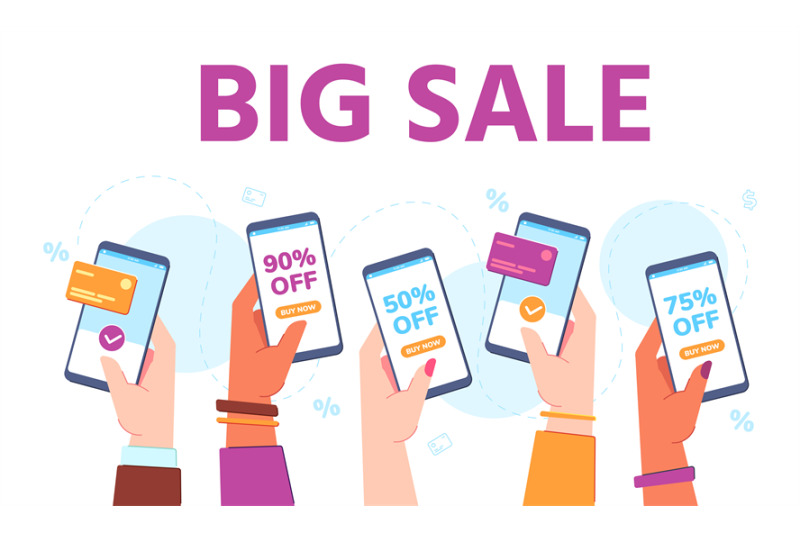 Hands Hold Phones With Sales Supermarket Online Discount Shopping App By Tartila Thehungryjpeg Com