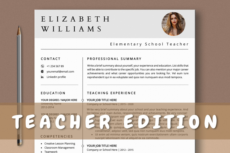 Teacher Resume Template with Photo Word & Pages By LemonStudioCreations ...