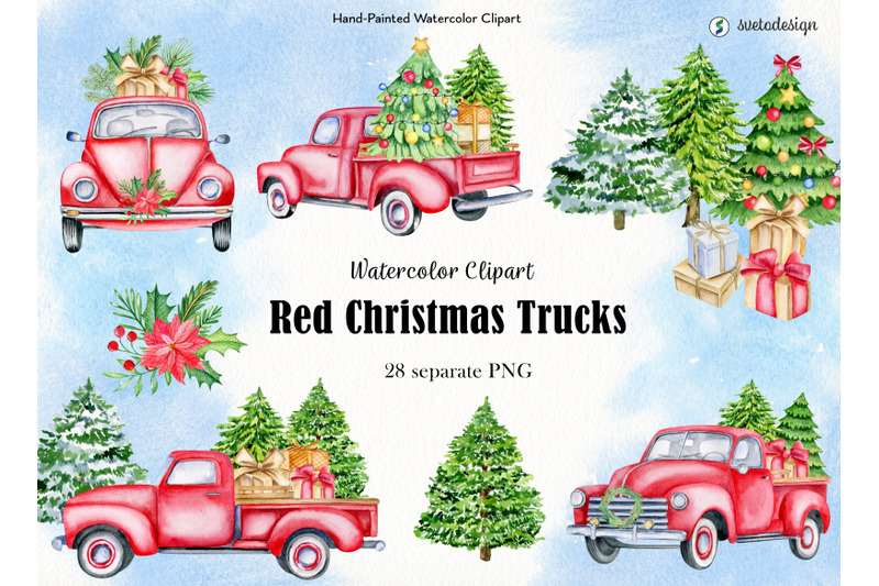 Red Christmas trucks watercolor clipart. Classic cars old timer PNG By ...