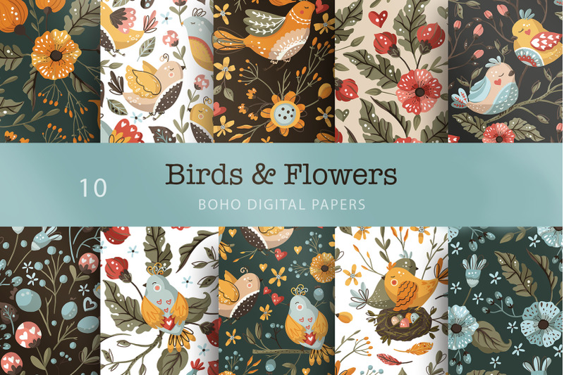 Birds & Flowers. Seamless pattern set. By Red Ink | TheHungryJPEG