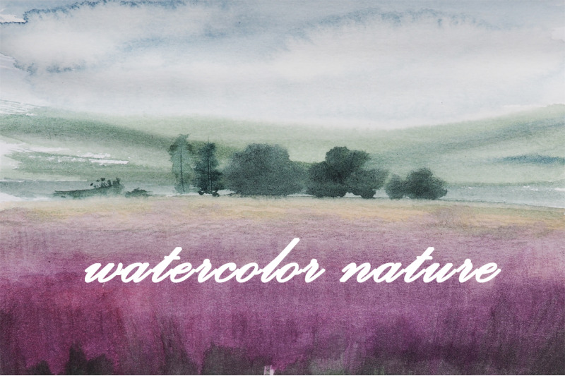 watercolor nature and landscape lavender field and trees By ...