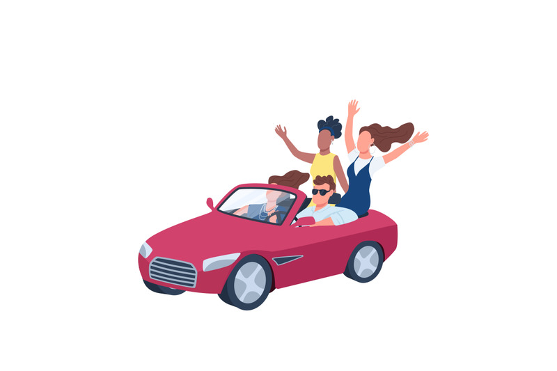 Young people driving red convertible car flat concept vector illustrat ...